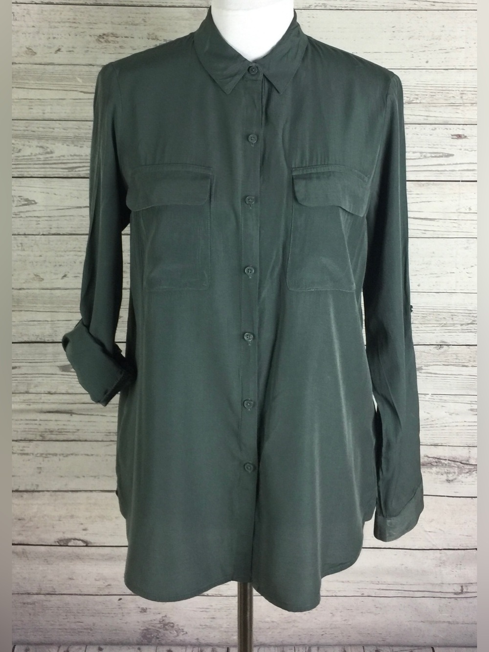 Express Women's Green Roll Tab Long Sleeve Button Front Blouse Size M